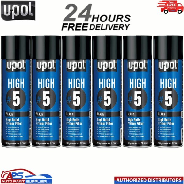 6x UPOL HIGH BUILD HIGH #5 PRIMER 450ML AEROSOL U-POL - BLACK Model: HIGHB/AL