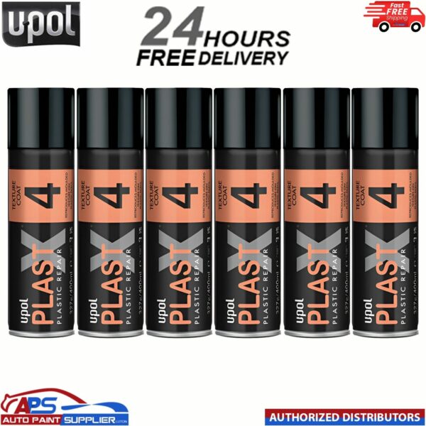 6x UPOL PLAST X 4 FINE TEXTURED PAINT AEROSOL FOR TRIM / PLASTIC BUMPER 400ML Model: PLAS/4F