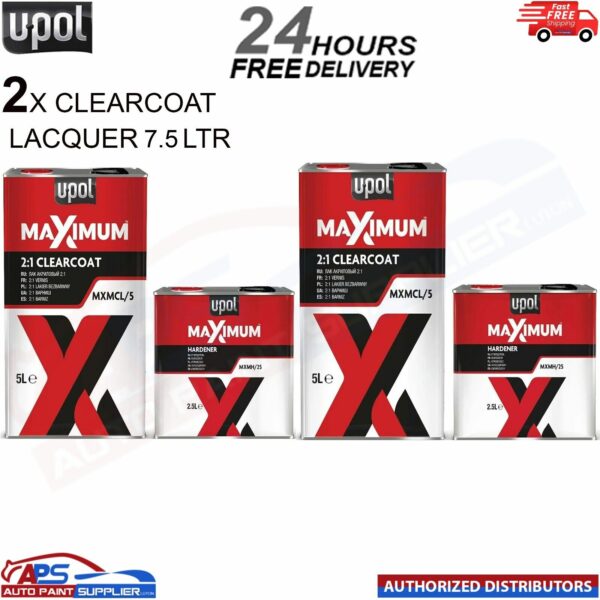 2x UPOL MAXIMUM 2K HS CLEARCOAT LACQUER 5 LTR WITH FAST HARDENER 7.5 LTR KIT Model: MAXMIMUM7.5