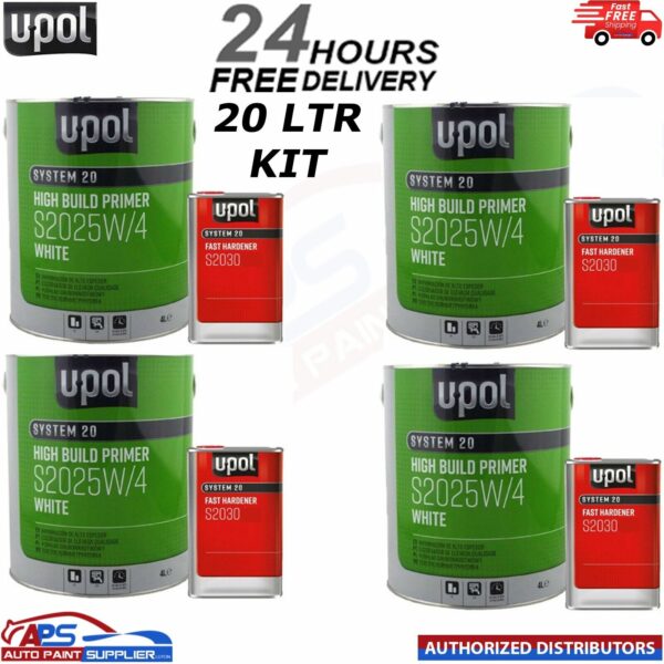 4x U-POL S2025W/4 HIGH BUILD 2K PRIMER + S2030 UPOL HARDENER - 5LTR KIT WHITE Model: S2025W/4