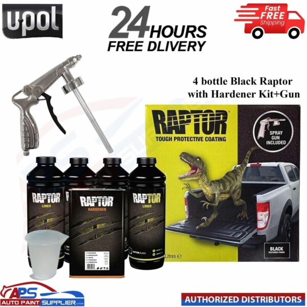 UPOL Raptor Black Kit Tough Protective Coating Bed Liner Paint With Gun- 3.8L Model: RLB/S4
